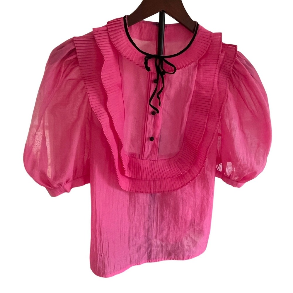 80s Vintage Handmade Hot Pink Pleated Ruffle Bib Puff Sleeve Velvet Tie Top Sz S